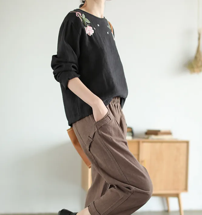 Embroidery Spring Loose Women Casual Tunic Linen Shirts Women Tops