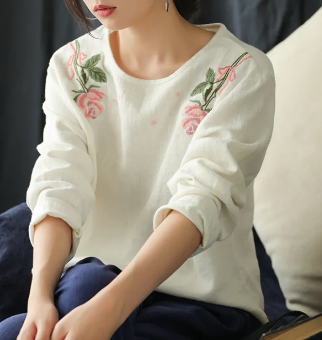 Embroidery Spring Loose Women Casual Tunic Linen Shirts Women Tops