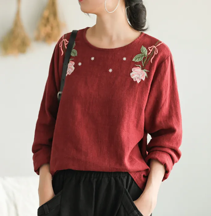 Embroidery Spring Loose Women Casual Tunic Linen Shirts Women Tops