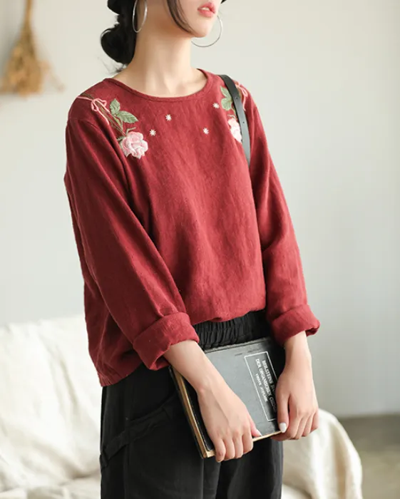 Embroidery Spring Loose Women Casual Tunic Linen Shirts Women Tops