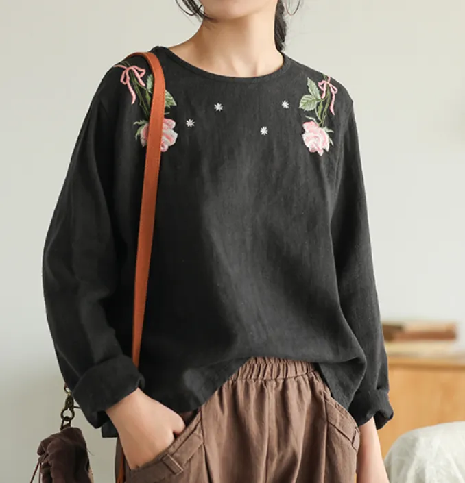 Embroidery Spring Loose Women Casual Tunic Linen Shirts Women Tops