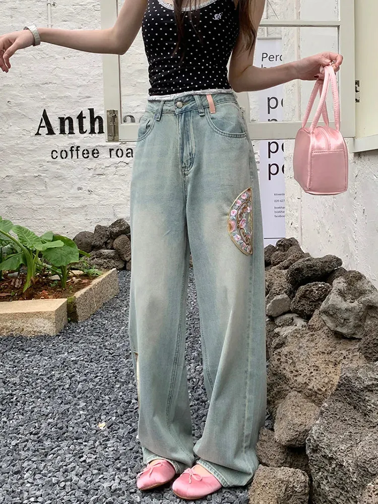 Embroidery Women's 2024 Spring Summer High Waist Loose Vintage Straight Jeans