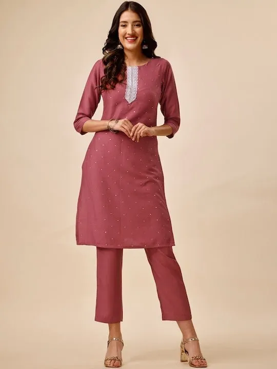 Ethnic Embellished Yoke Design Straight Kurta with Trousers