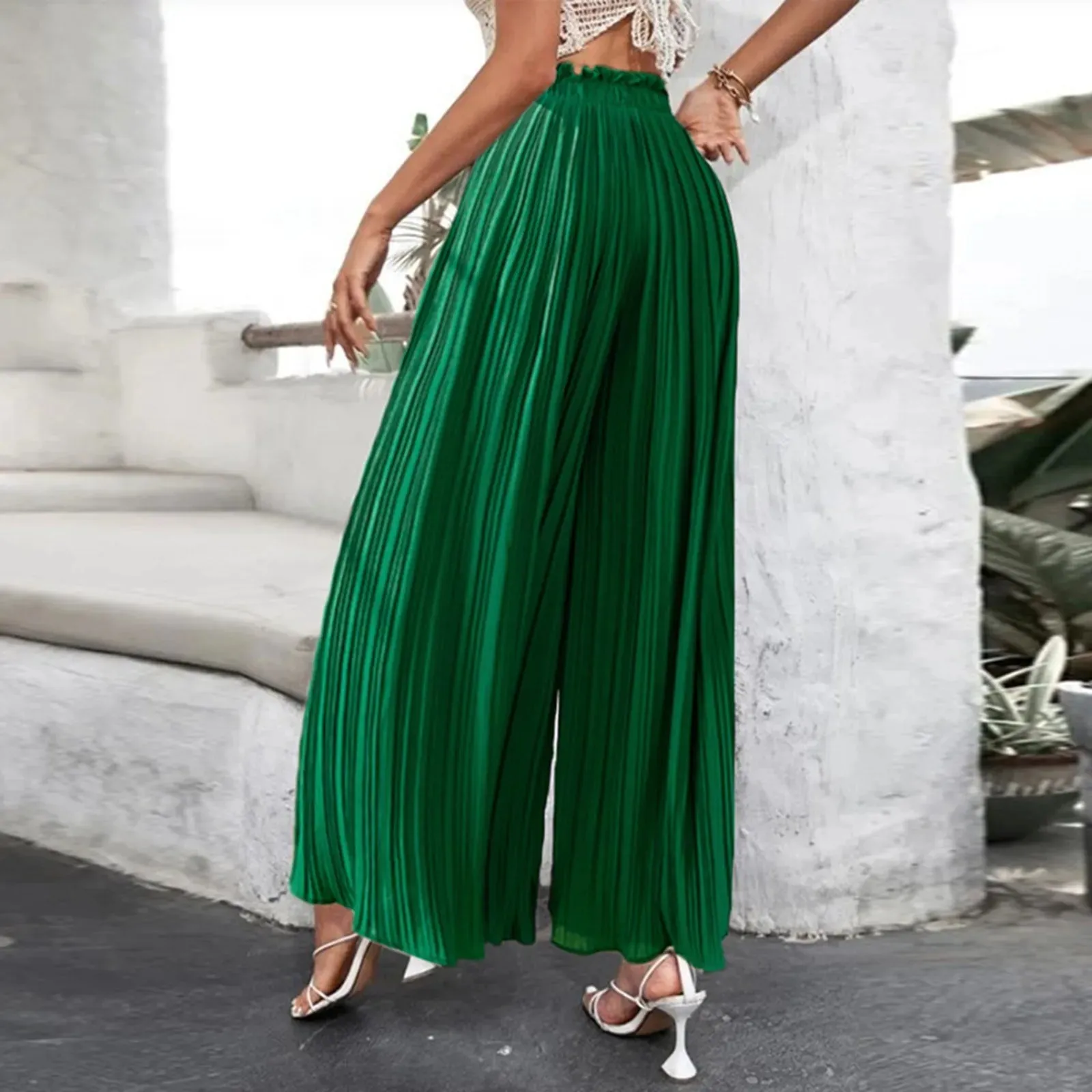 Fashion Pleat Wide Palazzo Casual High Waisted Loungewear Pant Smocked Pleated Loose Fit Trousers Women's Pants