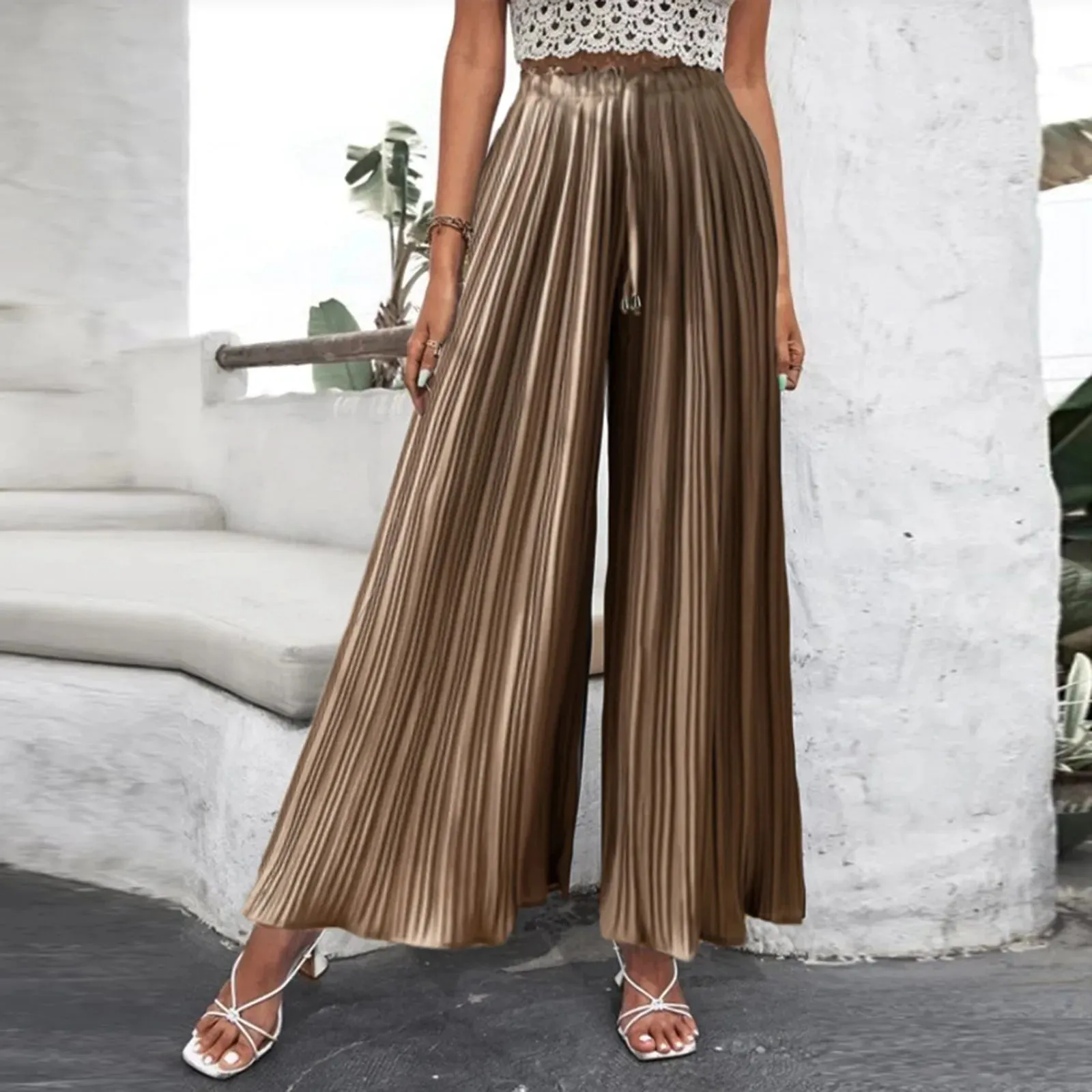 Fashion Pleat Wide Palazzo Casual High Waisted Loungewear Pant Smocked Pleated Loose Fit Trousers Women's Pants