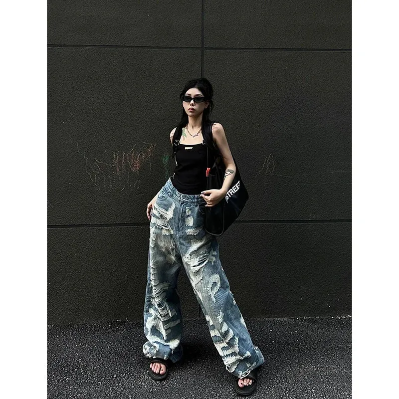 Fashion Y2K High Waist Wide Leg Denim Pants with Hollow Out Design