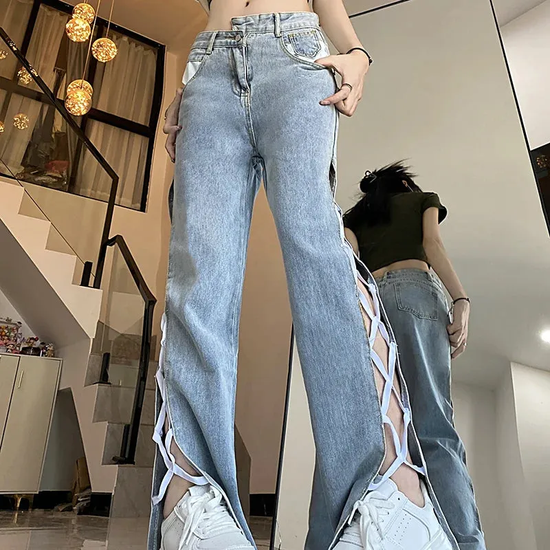 Female High Waist Wide Leg Y2K Lace Up Loose Jeans Girls Irregular Strap Punk Streetwear Denim Pants Split Micro Flared Pants