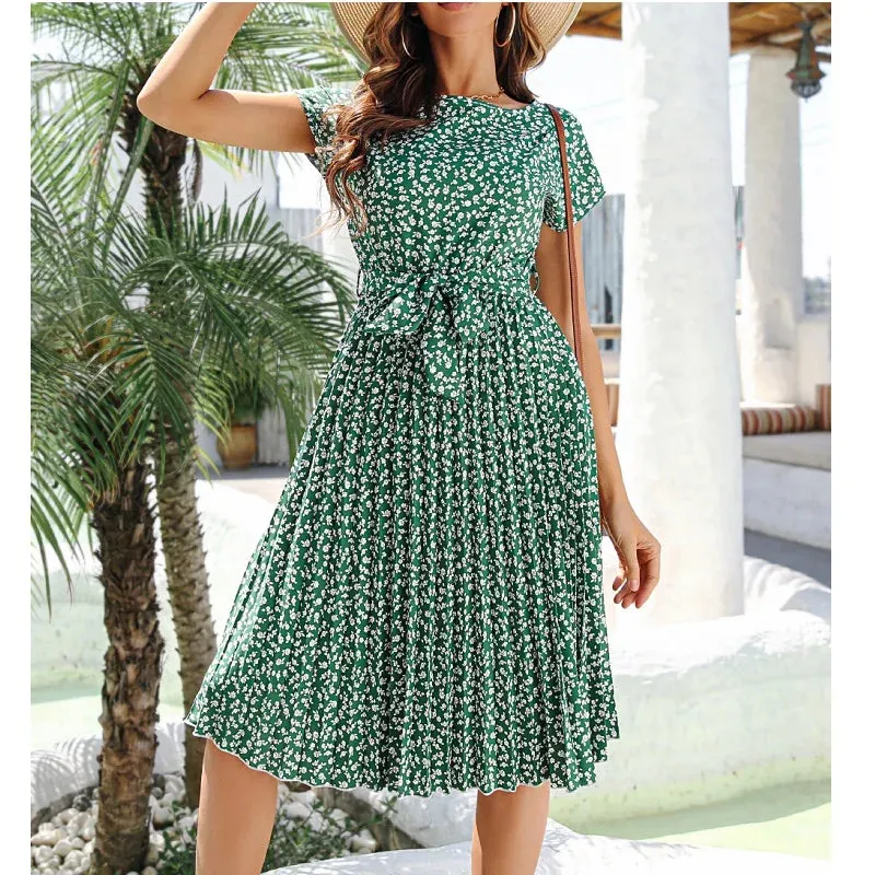 Floral Print Pleated High Waist Lace-up Short Sleeve Midi Dress