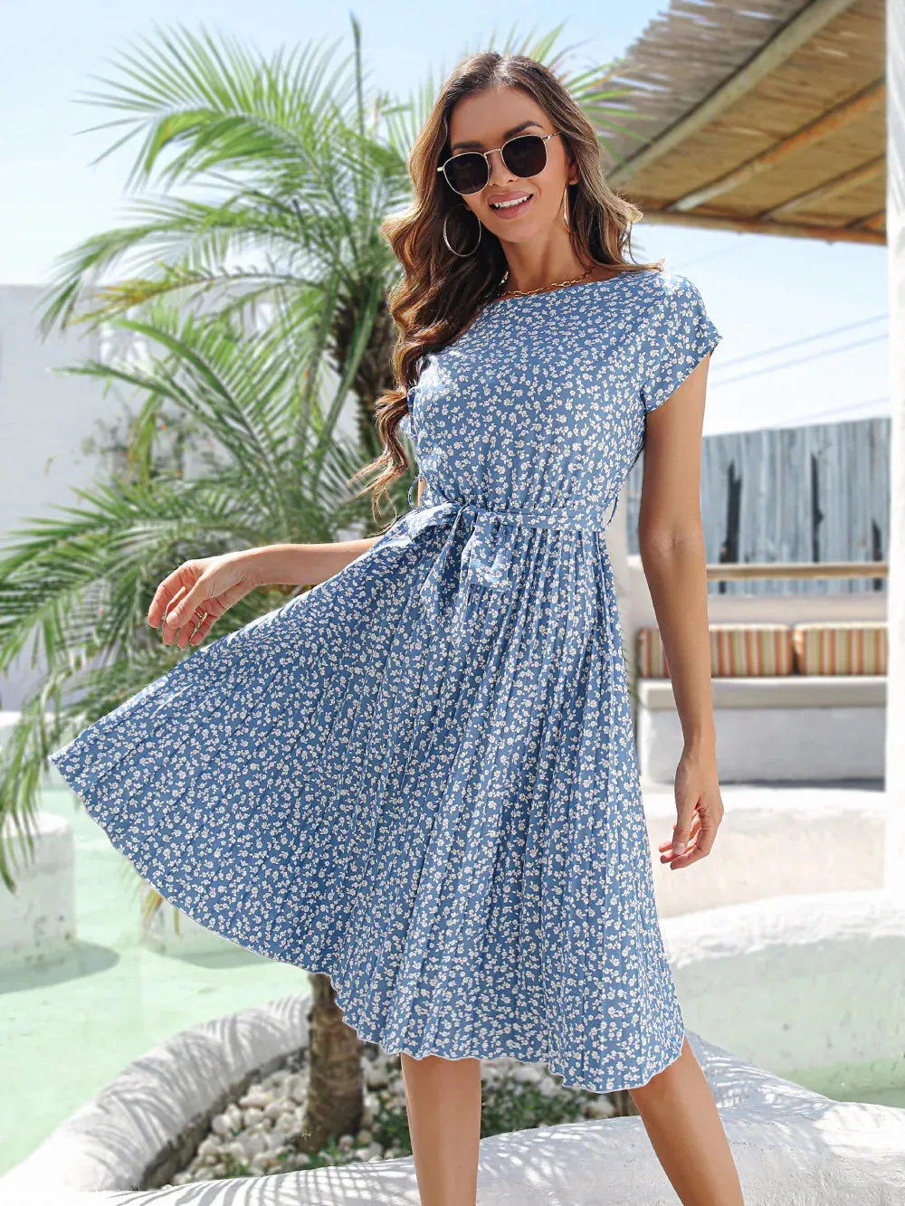 Floral Print Pleated High Waist Lace-up Short Sleeve Midi Dress