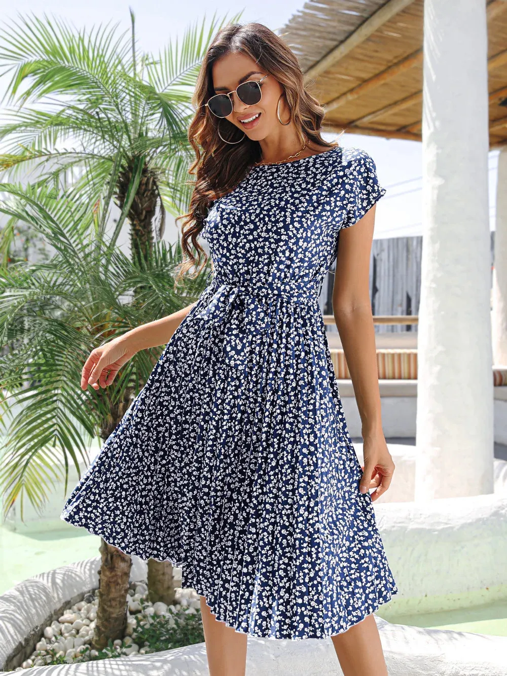 Floral Print Pleated High Waist Lace-up Short Sleeve Midi Dress