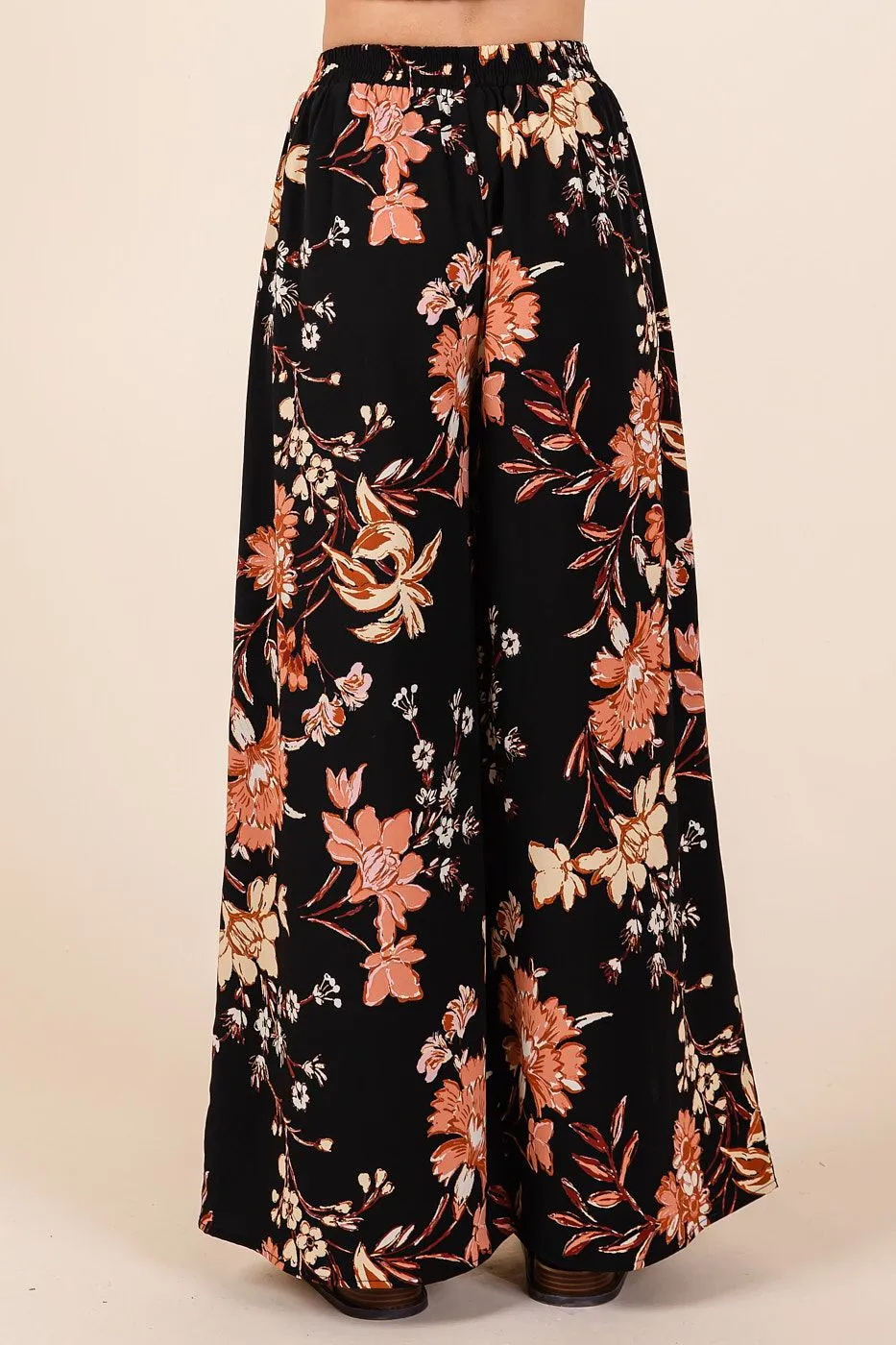 Flower Print Wide Leg Pants - black