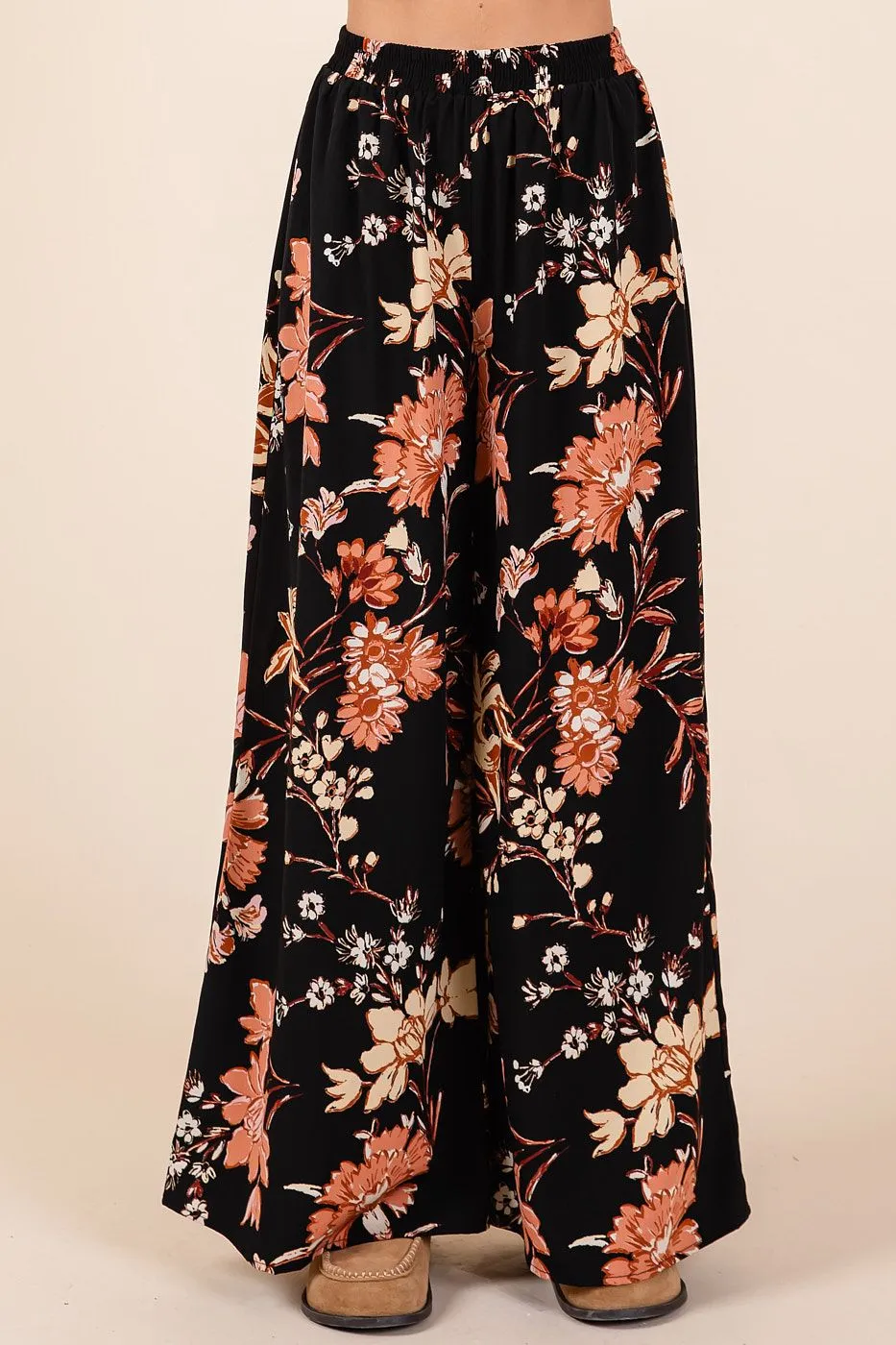 Flower Print Wide Leg Pants - black