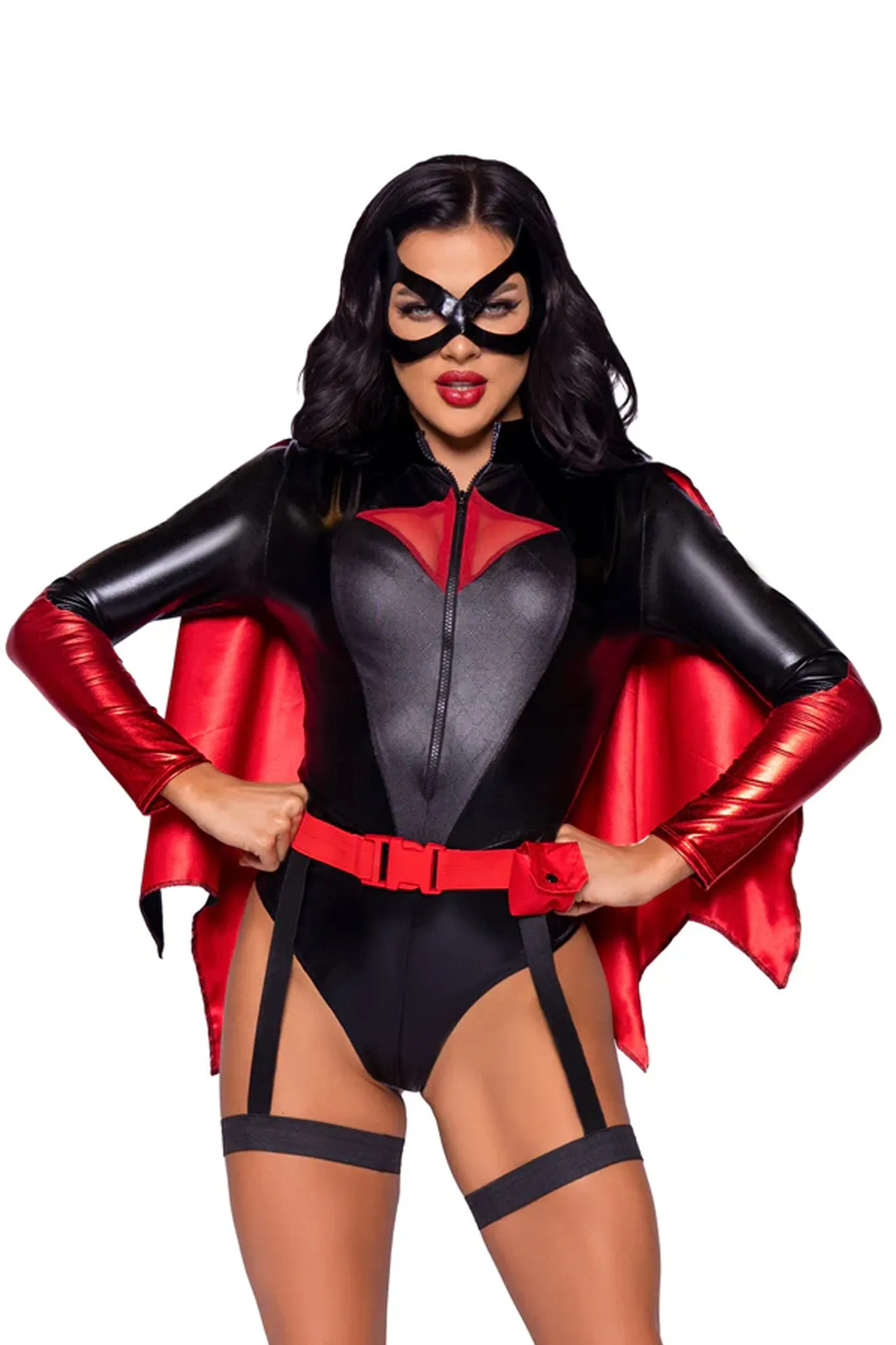 Four piece Vigilante Vixen Costume Set, Long sleeves Zip-up Bodysuit