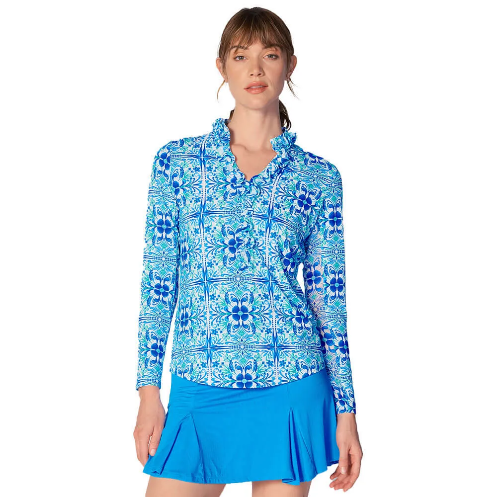 G Lifestyle Tile Long Sleeve Double Ruffle Top - Blue