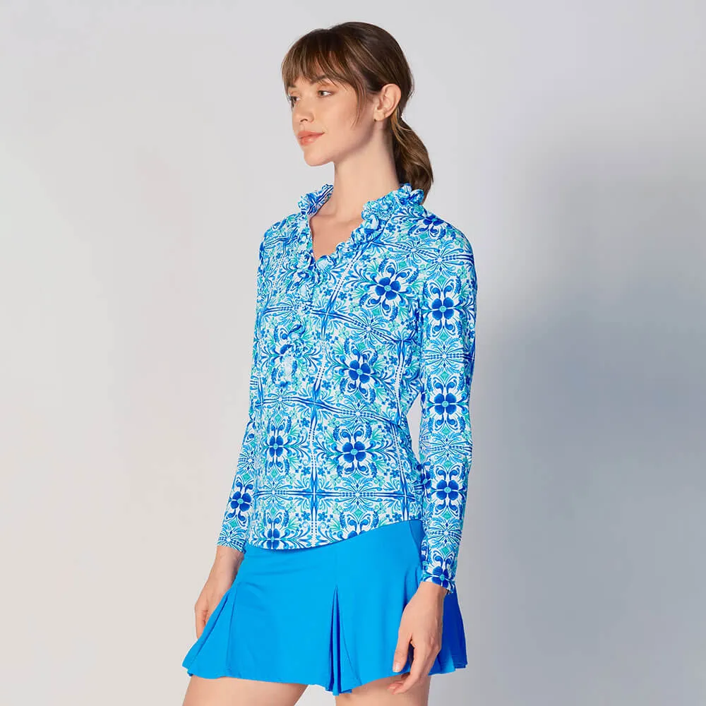 G Lifestyle Tile Long Sleeve Double Ruffle Top - Blue