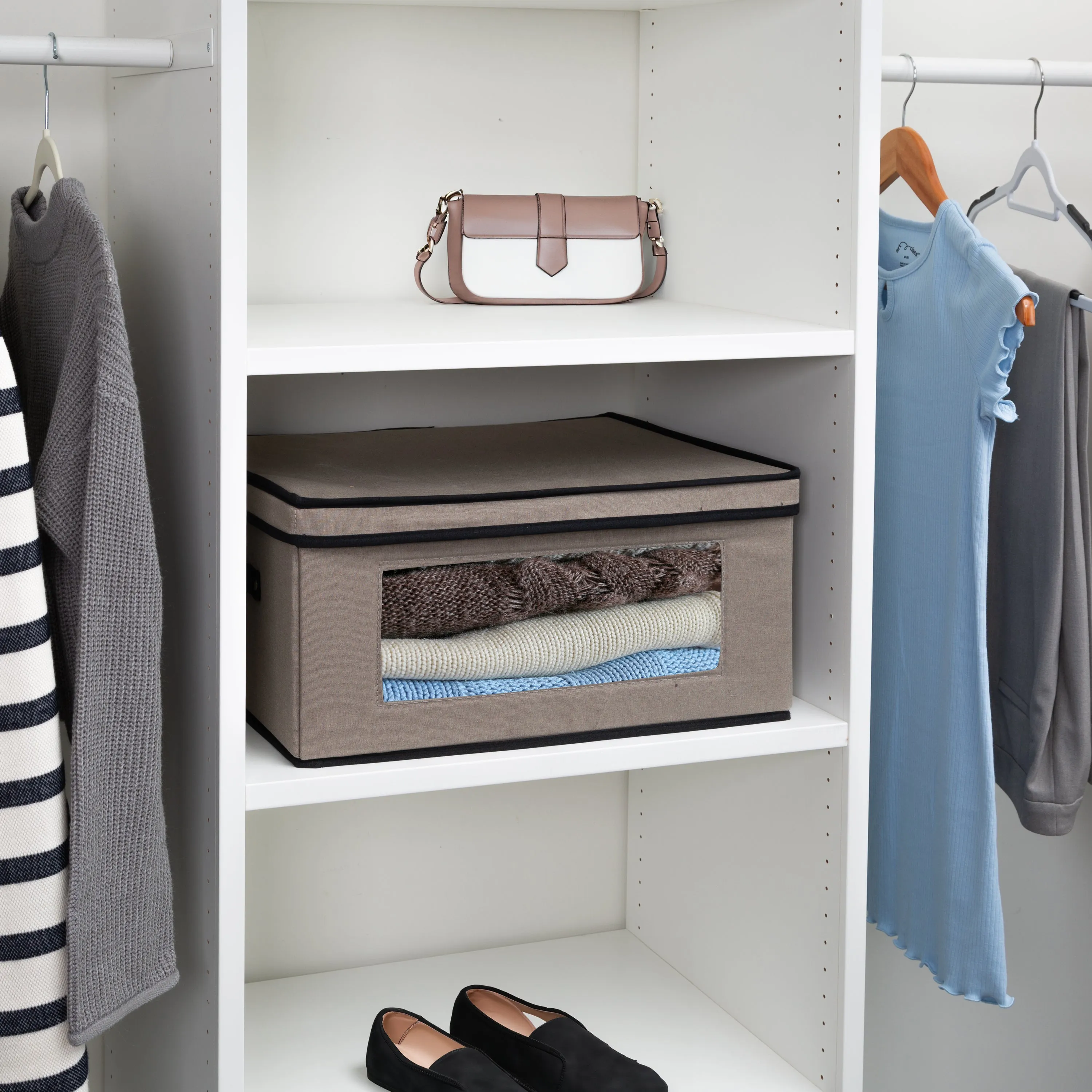 Gray Fabric Closet Storage Box with Lid, Clear-View Window and Removable Dividers