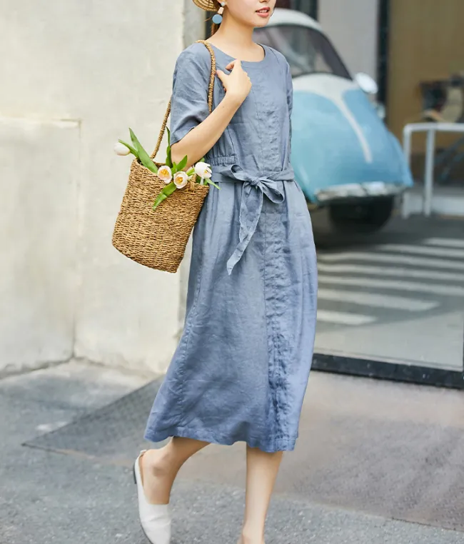 Gray Women Dresses Short Sleeve Casual Summer Linen Women Dresses SJ97215