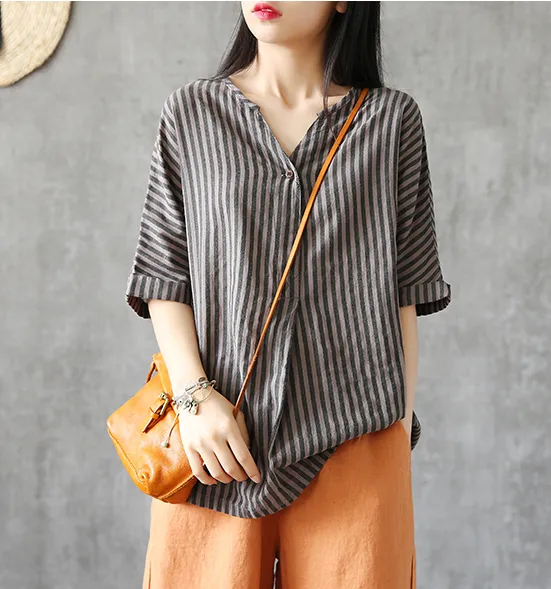 Half Sleeve Summer Women Casual Top Blouses Tops Cotton Linen Shirts  DZA2005247