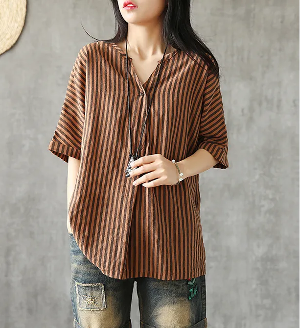 Half Sleeve Summer Women Casual Top Blouses Tops Cotton Linen Shirts  DZA2005247