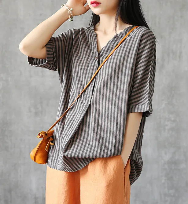 Half Sleeve Summer Women Casual Top Blouses Tops Cotton Linen Shirts  DZA2005247