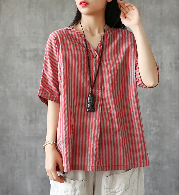 Half Sleeve Summer Women Casual Top Blouses Tops Cotton Linen Shirts  DZA2005247