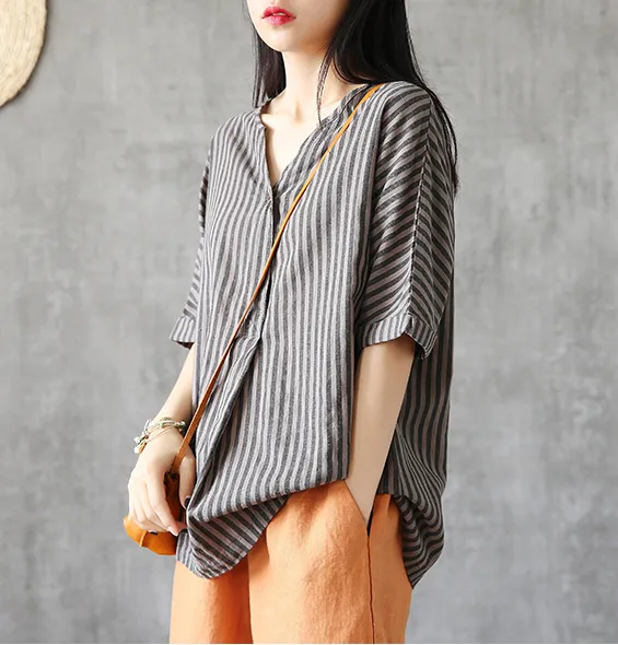 Half Sleeve Summer Women Casual Top Blouses Tops Cotton Linen Shirts  DZA2005247