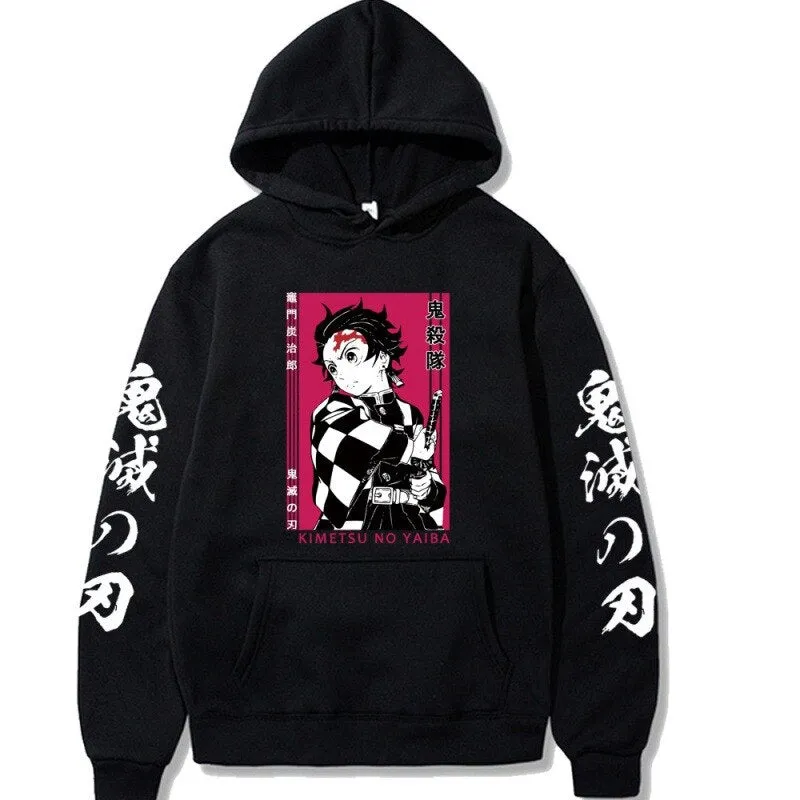 Harajuku Demon Slayer Tanjirou Hoodies Sweashirt Japanese Anime Printed Long Sleeve Black Hoodie Cartoon Pullover Unisex oodie