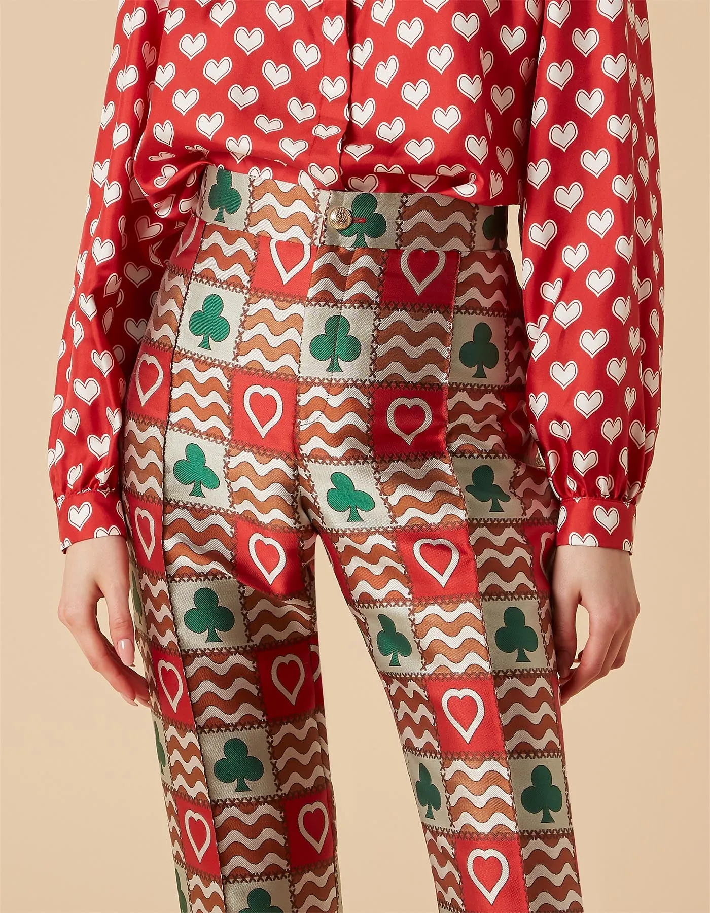 Hetty Red Green Patchwork Print Silk Jacquard Trousers