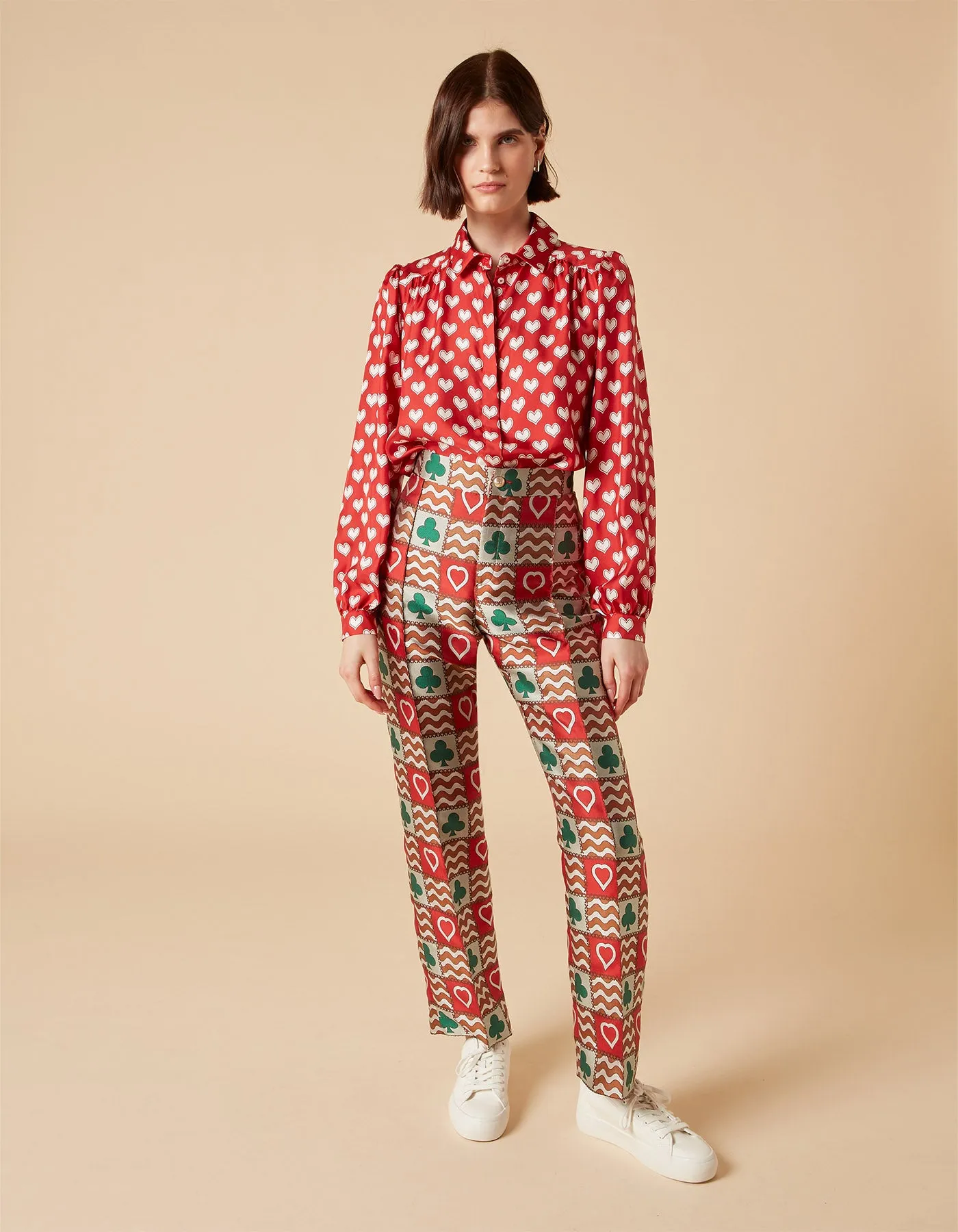 Hetty Red Green Patchwork Print Silk Jacquard Trousers