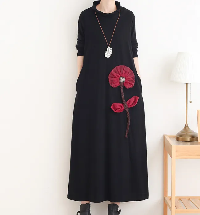 High Collar Flower Loose Long Sleeve Women Dresses Casual Women Dresses SSM97215