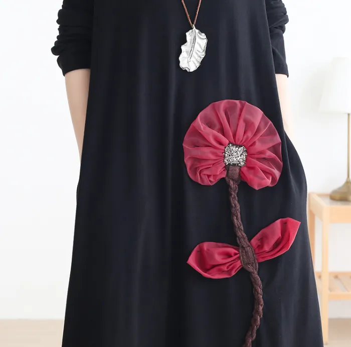 High Collar Flower Loose Long Sleeve Women Dresses Casual Women Dresses SSM97215