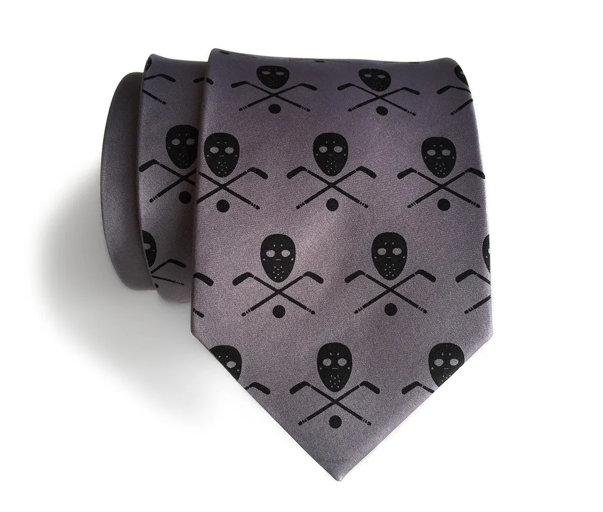 Hockey necktie. Stick, mask & puck silk tie