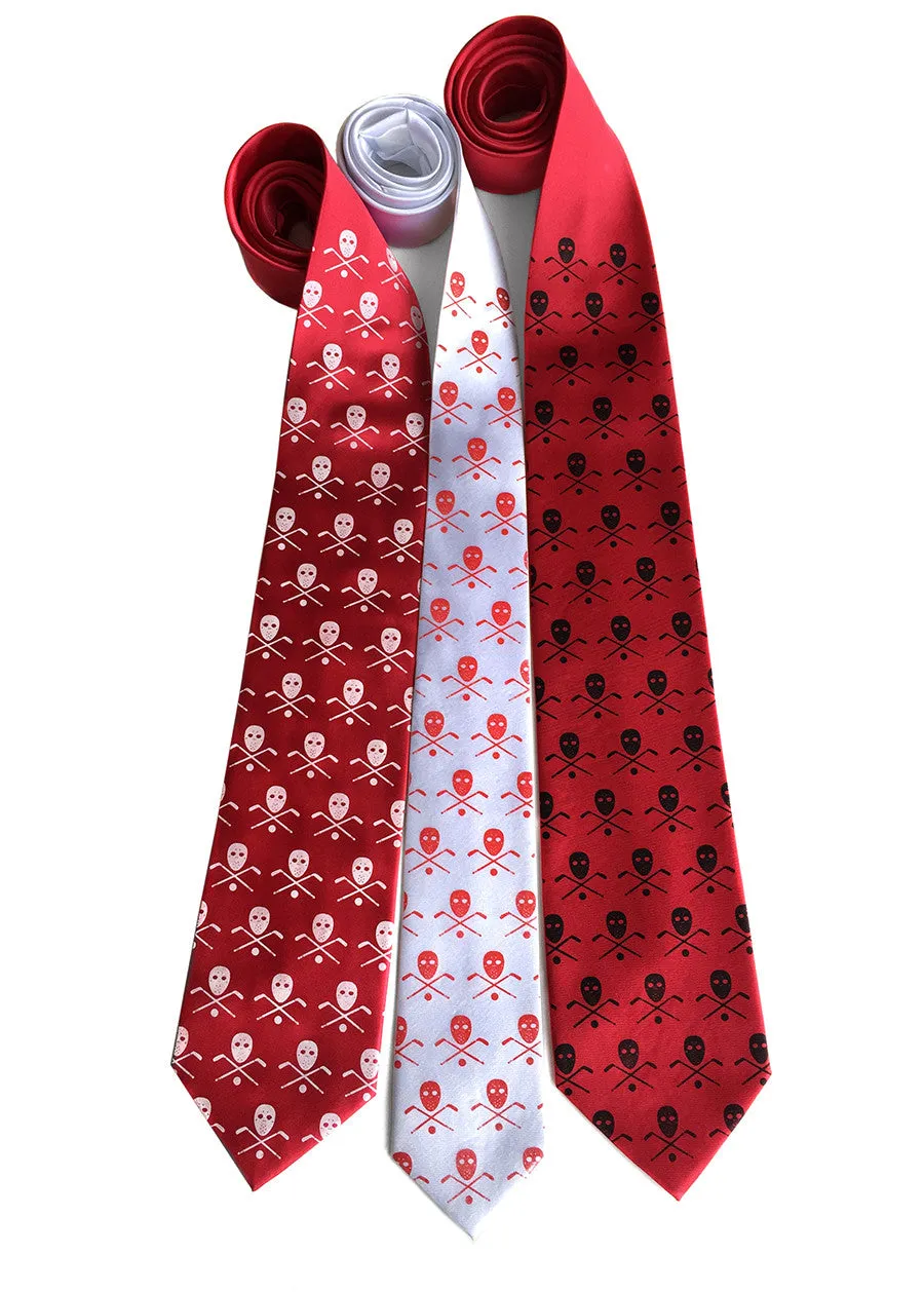 Hockey necktie. Stick, mask & puck silk tie