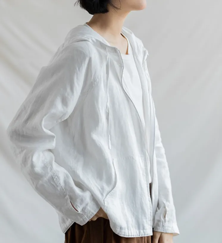 Hooded Linen Jacket,Long Sleeve Women Linen Tops 62707