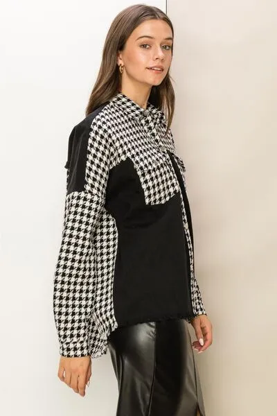 Houndstooth Contrast Raw Hem Jacket