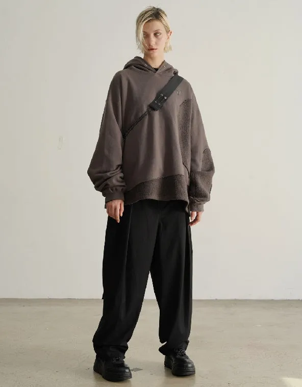 Irregular Edging Treatment Stitching Mohair Camper Asymmetric Cut Sweatshirt Hoodie