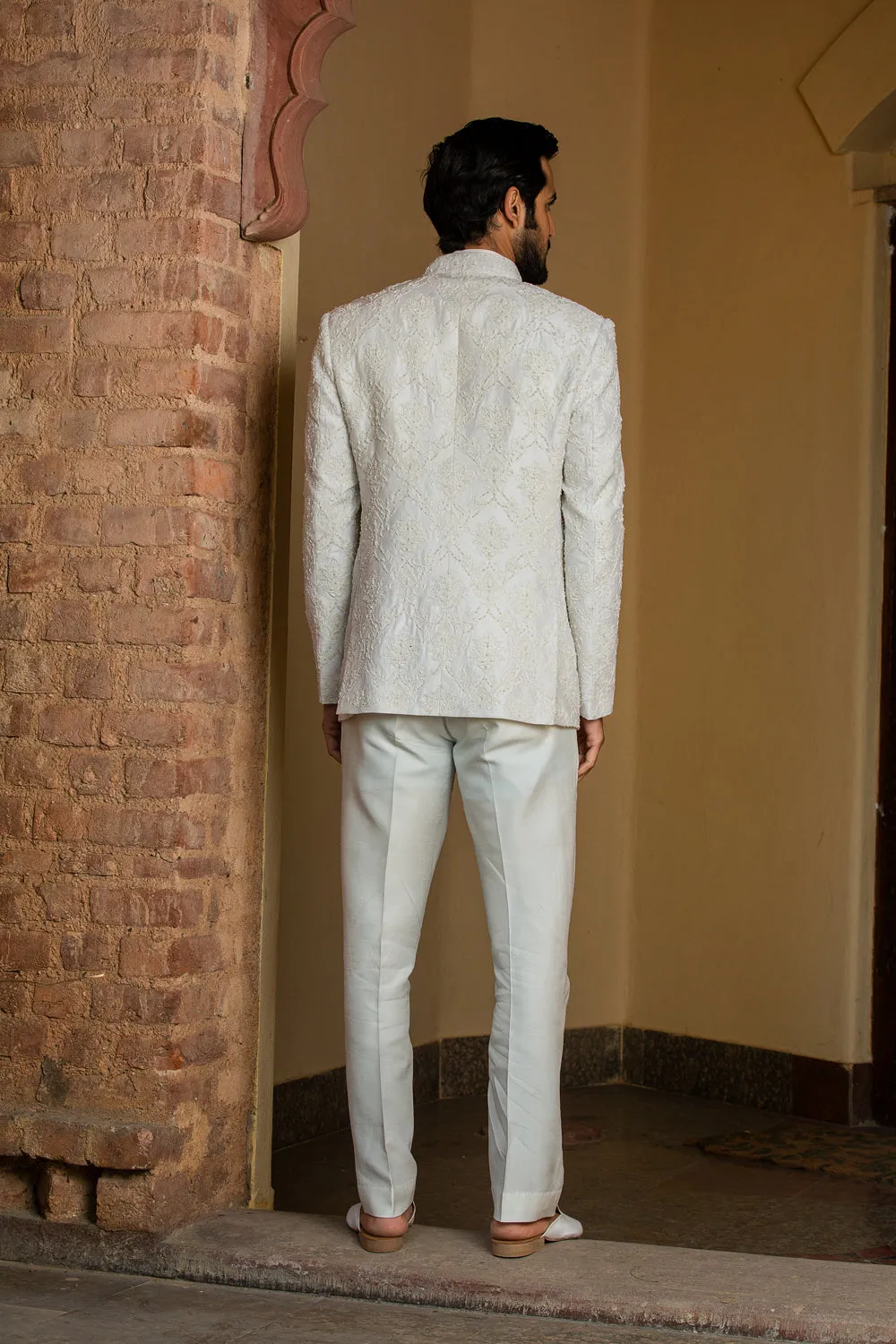 Ivory Raw Silk Short Embroidered Jacket with Vest and Pant