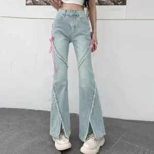 Jeans Long Fashion Korean Style Pink Drawstring Bandage Flare High Waist Streetwear Slits Denim E-girl Pants