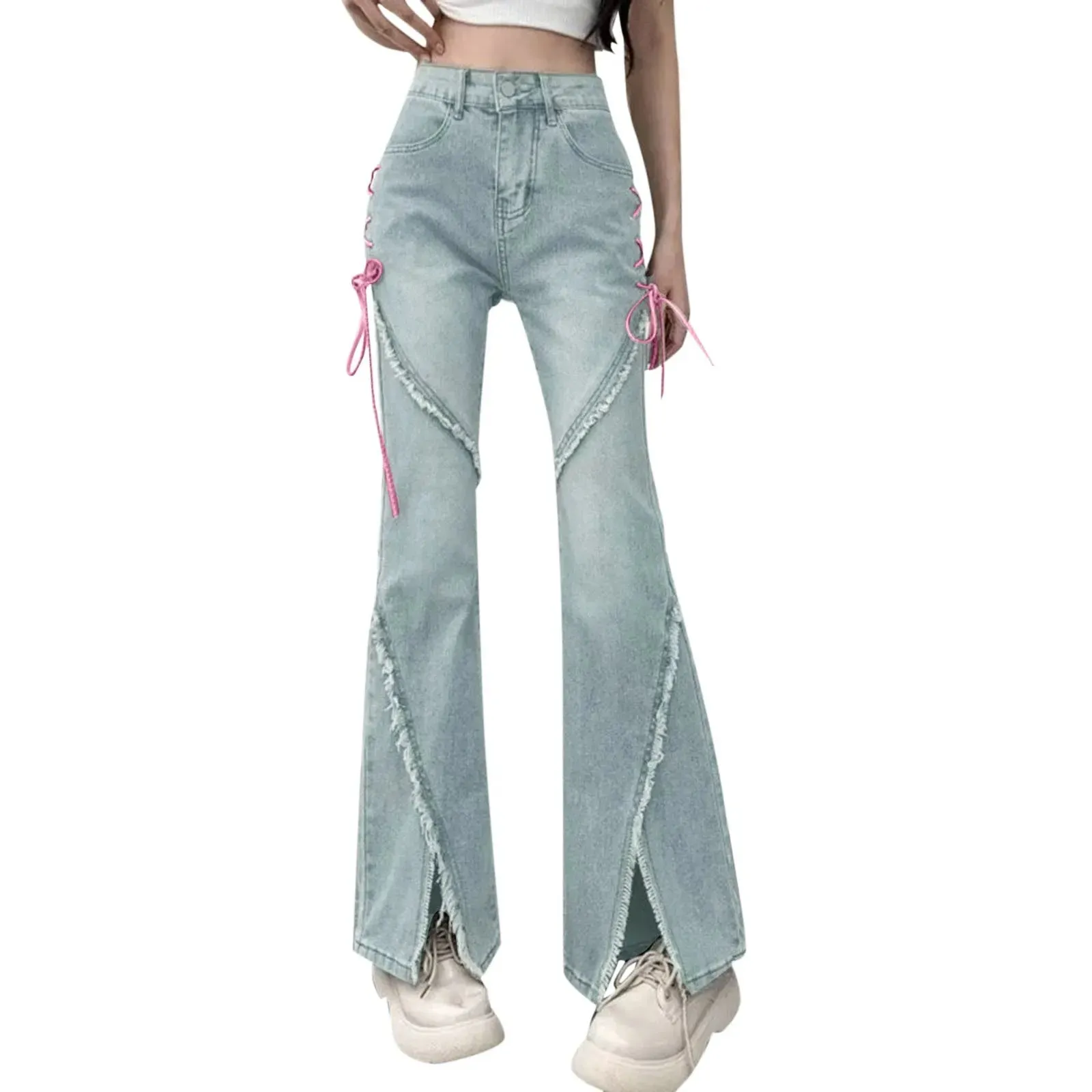 Jeans Long Fashion Korean Style Pink Drawstring Bandage Flare High Waist Streetwear Slits Denim E-girl Pants