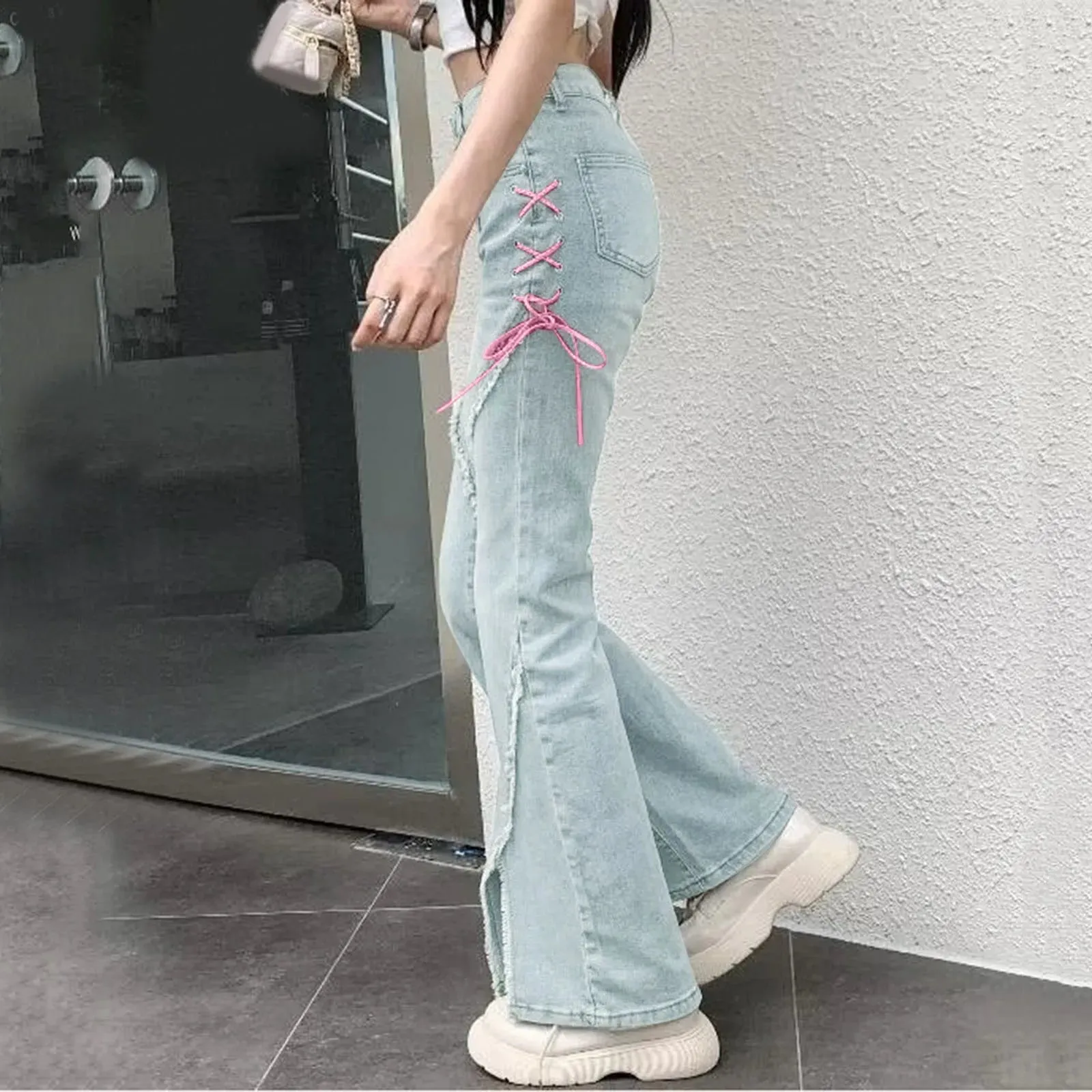 Jeans Long Fashion Korean Style Pink Drawstring Bandage Flare High Waist Streetwear Slits Denim E-girl Pants