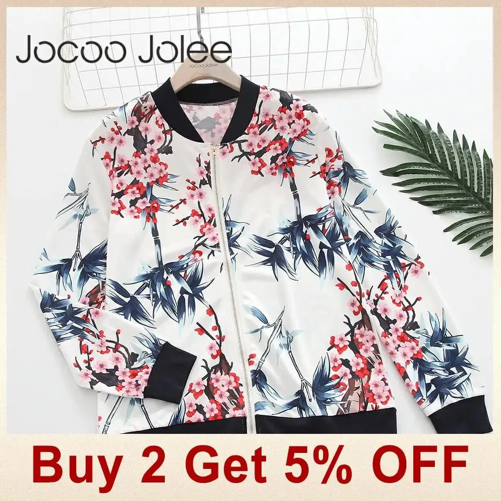 Jocoo Jolee Basic Jacket for Women Flower Print Long Sleeve Zipper Bomber Jacket Coat Autumn Winter Casual Windbreaker 2022