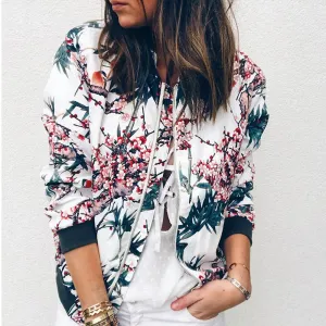 Jocoo Jolee Basic Jacket for Women Flower Print Long Sleeve Zipper Bomber Jacket Coat Autumn Winter Casual Windbreaker 2022