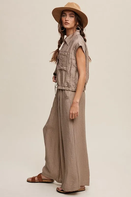 Khaki Button Down Top And Pleated Wide Leg Pants Set