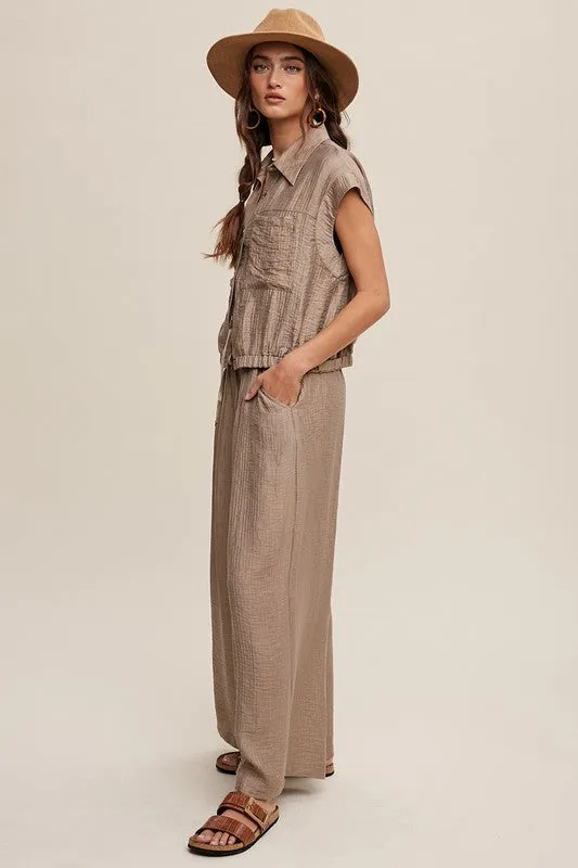 Khaki Button Down Top And Pleated Wide Leg Pants Set