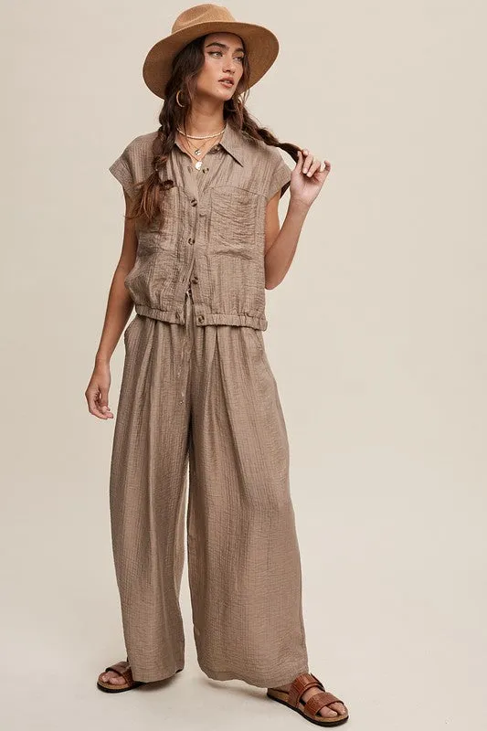 Khaki Button Down Top And Pleated Wide Leg Pants Set