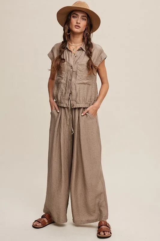 Khaki Button Down Top And Pleated Wide Leg Pants Set