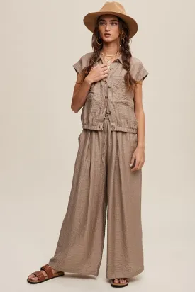 Khaki Button Down Top And Pleated Wide Leg Pants Set