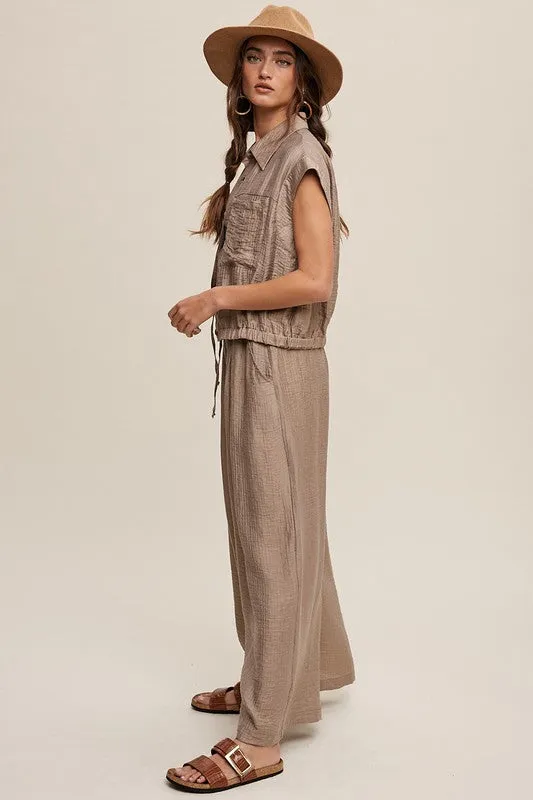 Khaki Button Down Top And Pleated Wide Leg Pants Set