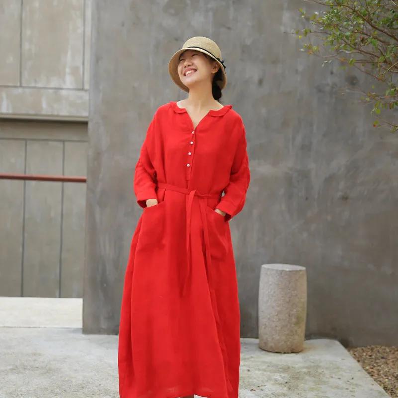 Label Collar Red Women Linen Summer Dresses Buttons Sleeve Long Women Dresses Z972912