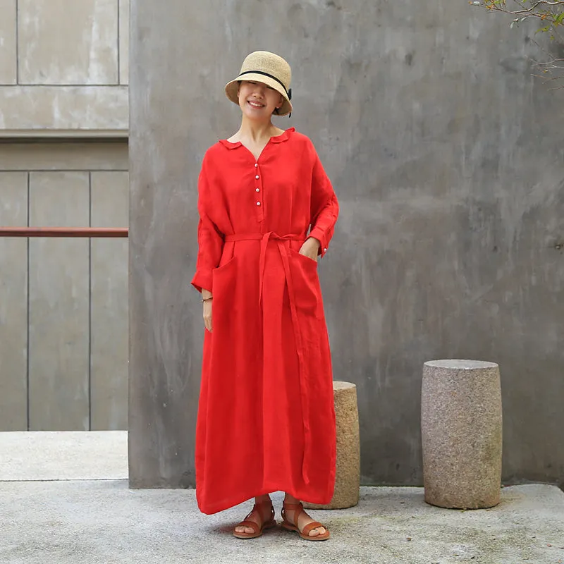 Label Collar Red Women Linen Summer Dresses Buttons Sleeve Long Women Dresses Z972912